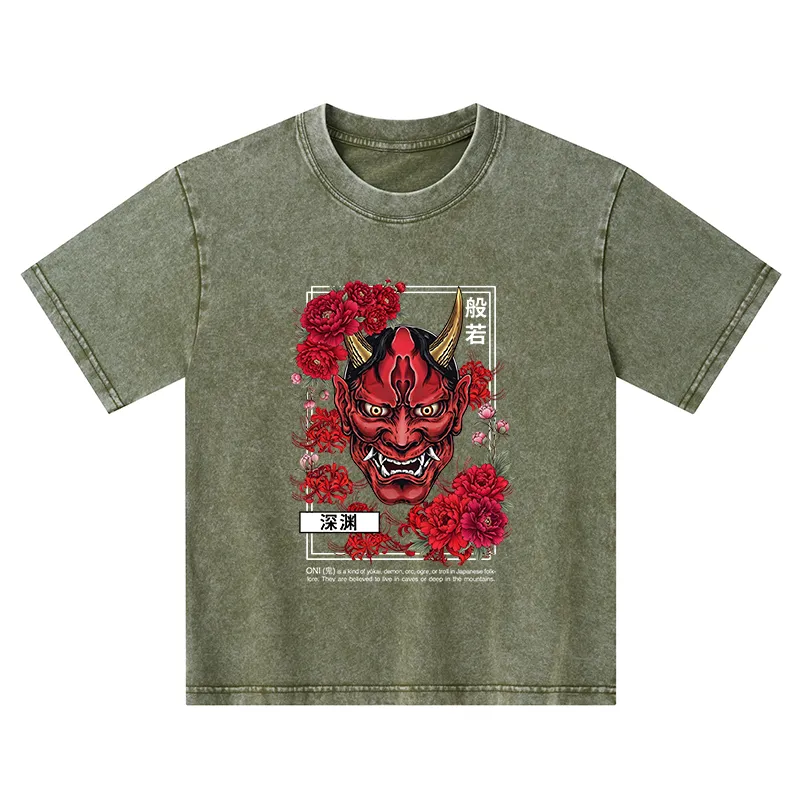 Tokyo-Tiger Cool Oni Floral Art Kids Washed T-Shirt