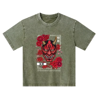 Tokyo-Tiger Cool Oni Floral Art Kids Washed T-Shirt
