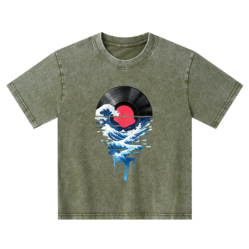 Tokyo-Tiger Vinyl Records And Waves Kids Washed T-Shirt