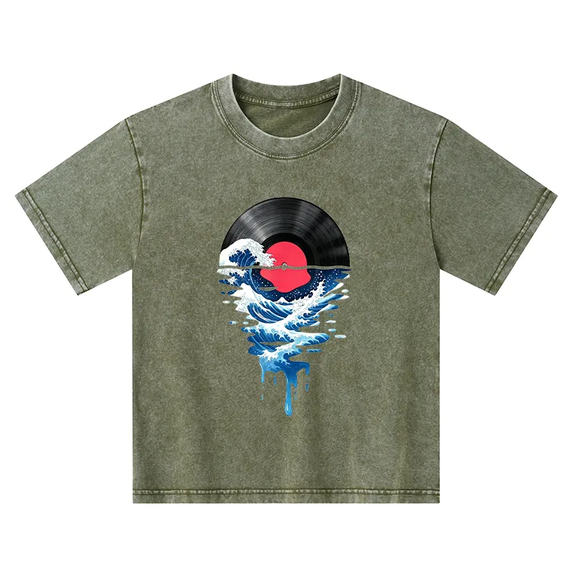 Tokyo-Tiger Vinyl Records And Waves Kids Washed T-Shirt