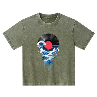 Tokyo-Tiger Vinyl Records And Waves Kids Washed T-Shirt