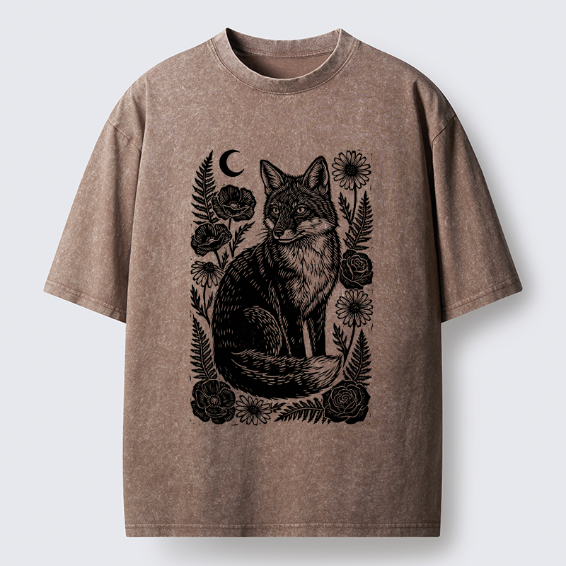Tokyo‑Tiger Wild Fox Floral Vibe Washed T‑Shirt