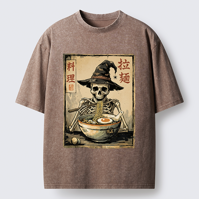 Tokyo‑Tiger Skeleton Ramen Meme Washed T‑Shirt