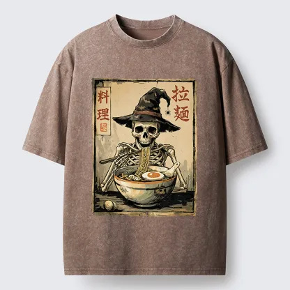 Tokyo‑Tiger Skeleton Ramen Meme Washed T‑Shirt