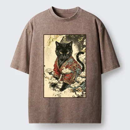 Tokyo‑Tiger Traditional Robe Cat Art Washed T‑Shirt