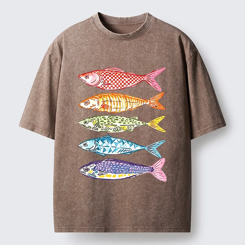 Tokyo‑Tiger Colorful Multi Pattern Fish Washed T‑Shirt