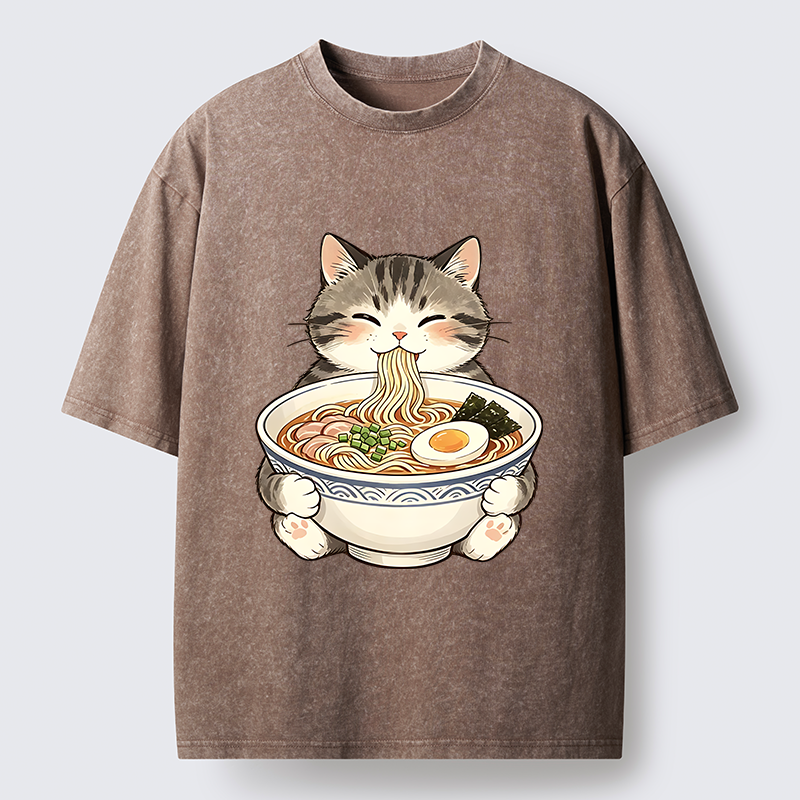 Tokyo‑Tiger Funny Cat Ramen Meme Washed T‑Shirt