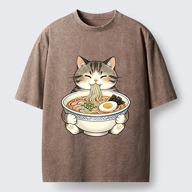 Tokyo‑Tiger Funny Cat Ramen Meme Washed T‑Shirt