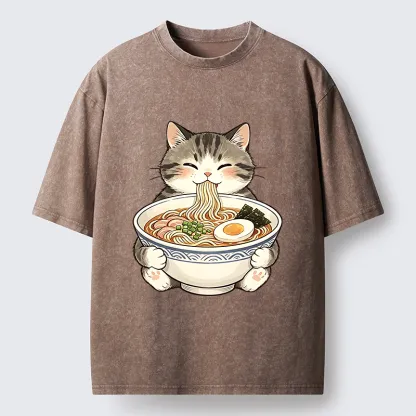 Tokyo‑Tiger Funny Cat Ramen Meme Washed T‑Shirt