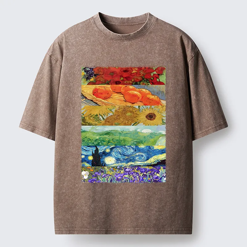 Tokyo‑Tiger Van Gogh Floral Scene Art Washed T‑Shirt