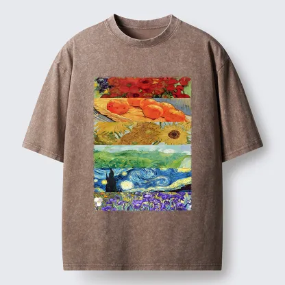 Tokyo‑Tiger Van Gogh Floral Scene Art Washed T‑Shirt