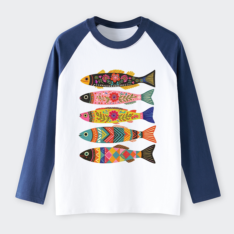 Tokyo-Tiger Colorful Patterned Fish Raglan Long Sleeve T-shirt