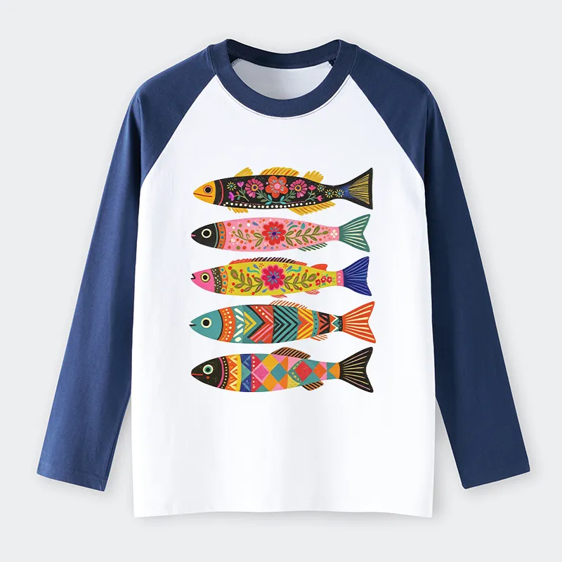 Tokyo-Tiger Colorful Patterned Fish Raglan Long Sleeve T-shirt
