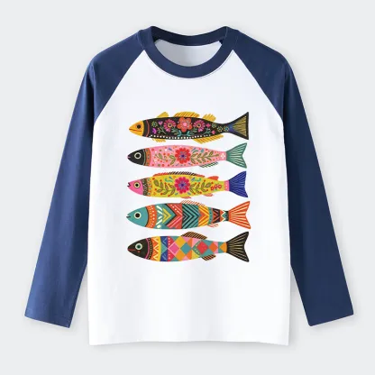 Tokyo-Tiger Colorful Patterned Fish Raglan Long Sleeve T-shirt