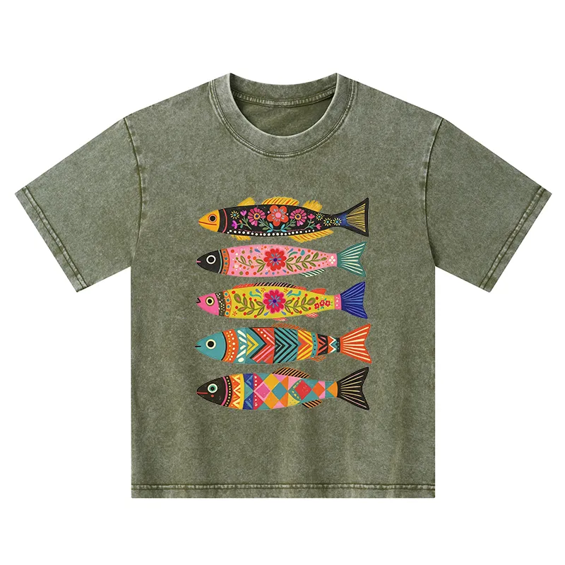 Tokyo-Tiger Colorful Patterned Fish Kids Washed T-Shirt