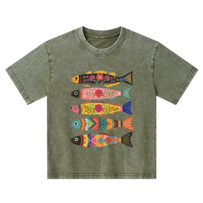 Tokyo-Tiger Colorful Patterned Fish Kids Washed T-Shirt