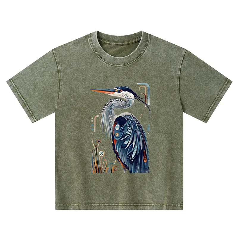 Tokyo-Tiger Stylish Blue Heron Kids Washed T-Shirt