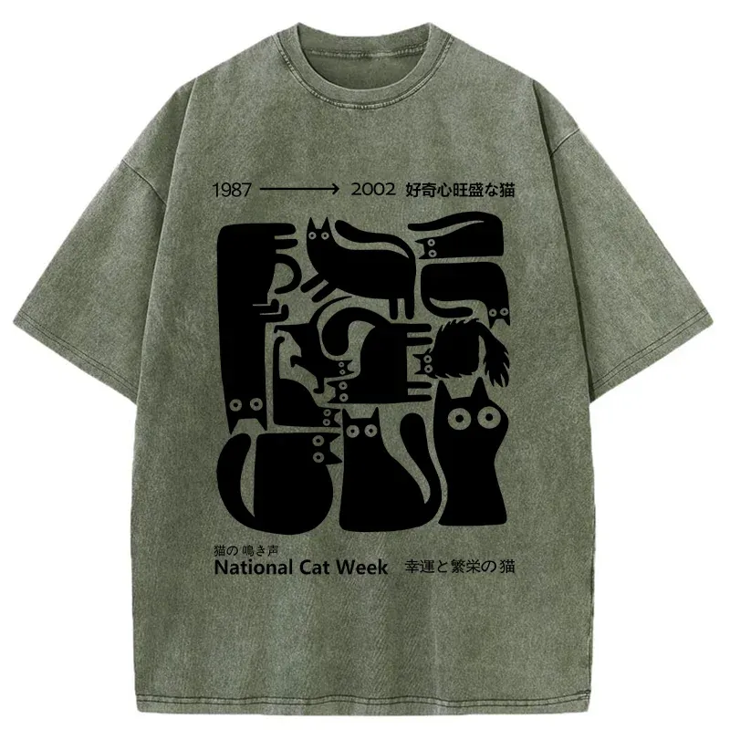 Tokyo-Tiger Curious Funny Cat Washed T-Shirt