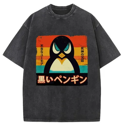 Tokyo-Tiger Black Funny Penguin Washed T-Shirt