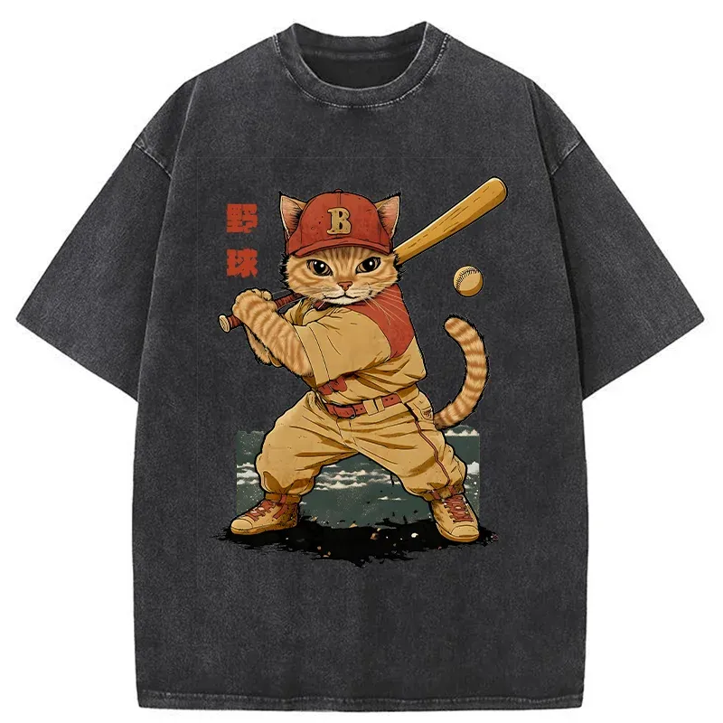 Tokyo-Tiger Baseball Cat Player Washed T-Shirt