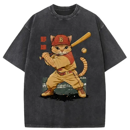 Tokyo-Tiger Baseball Cat Player Washed T-Shirt