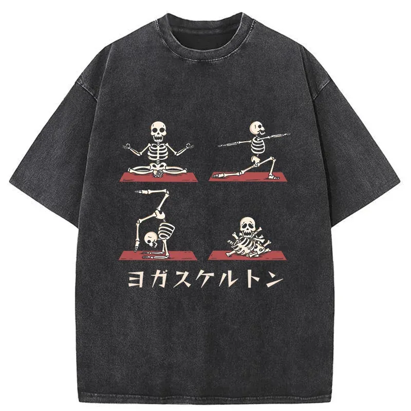 Tokyo-Tiger Skeleton Doing Yoga Washed T-Shirt