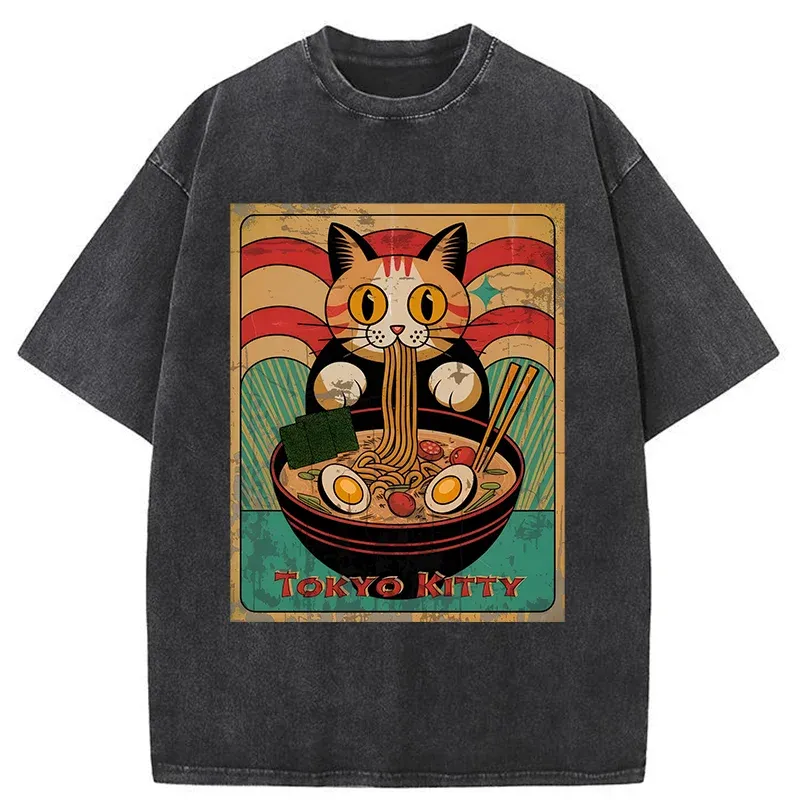 Tokyo-Tiger Retro Cat Eating Ramen Japan Washed T-Shirt