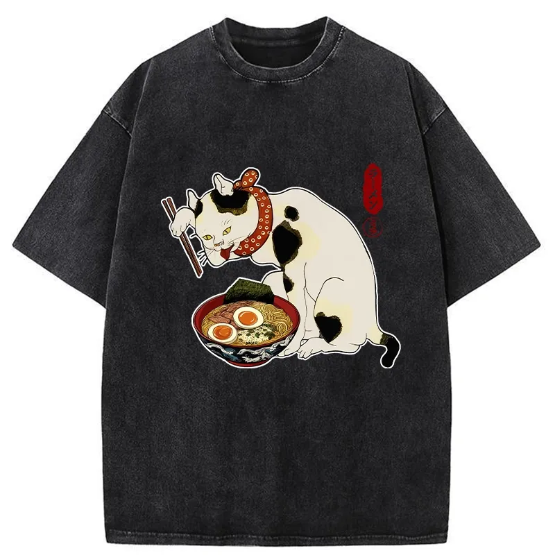 Tokyo-Tiger The Cat Obsessed With Ramen Washed T-Shirt
