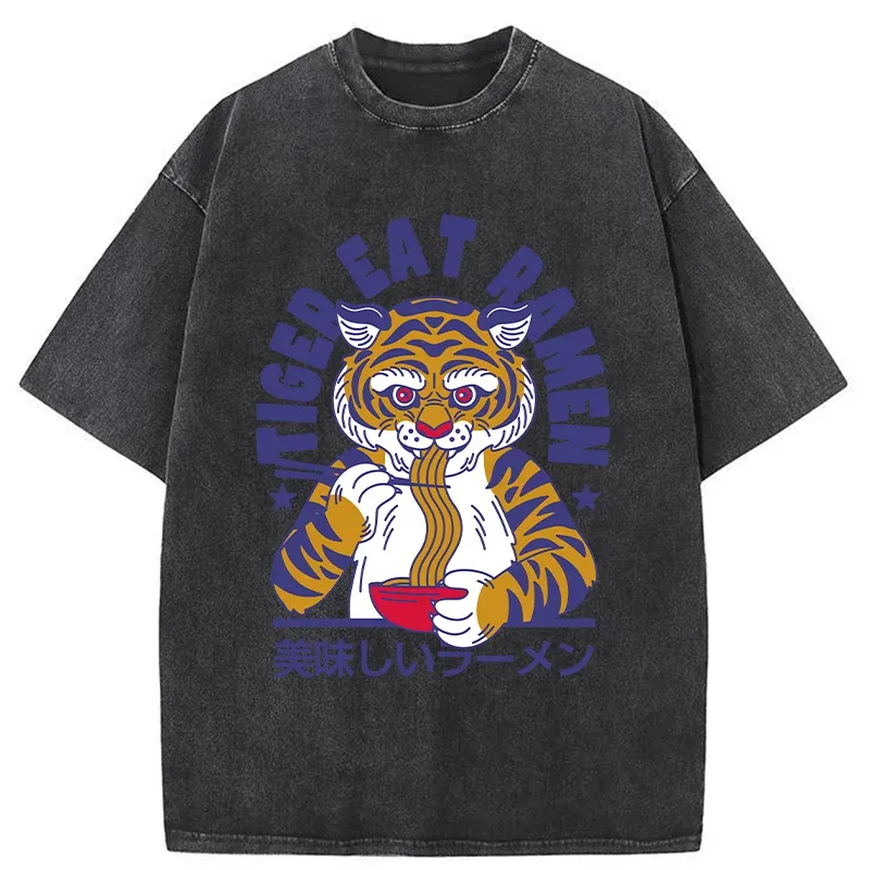 Tokyo-Tiger Funny Tiger Eating Ramen Washed T-Shirt