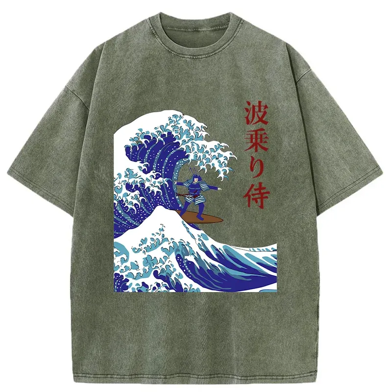 Tokyo-Tiger Funny Samurai Surf Washed T-Shirt
