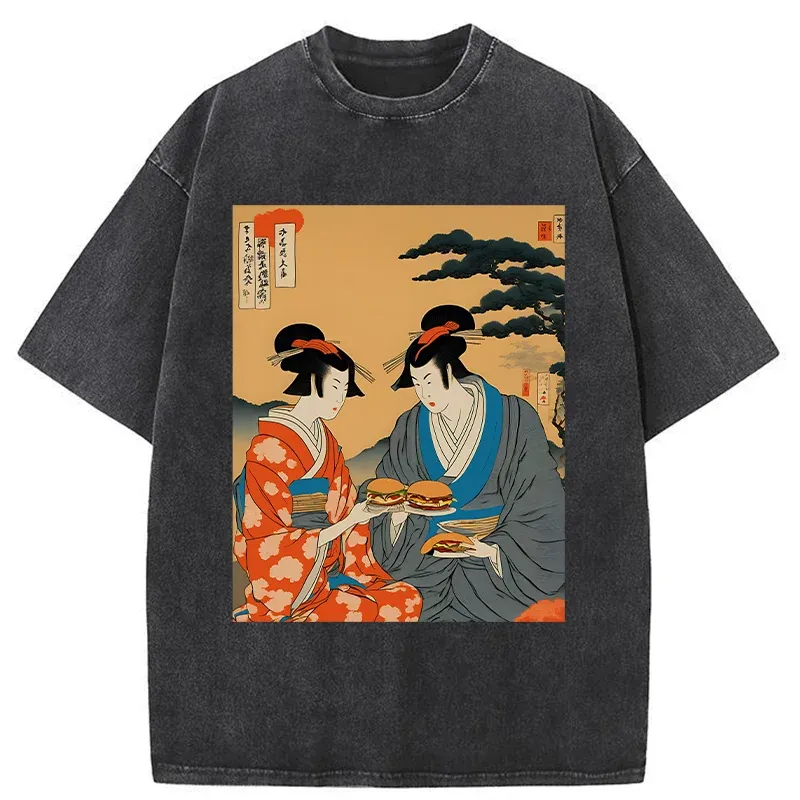 Tokyo-Tiger Geisha Eating Burgers Washed T-Shirt