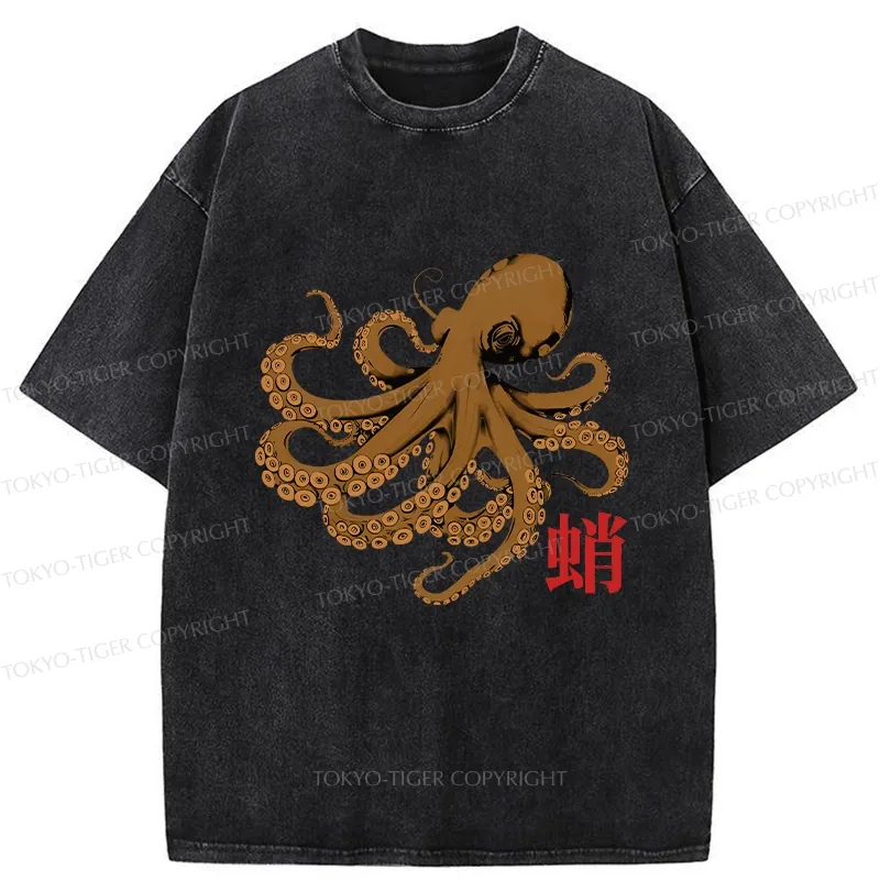 Tokyo-Tiger Retro Japanese Octopus Washed T-Shirt