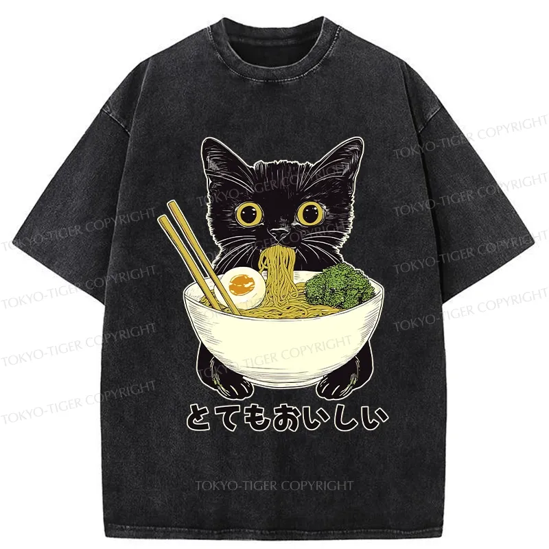Tokyo-Tiger Ramen Lover Cute Cat Washed T-Shirt
