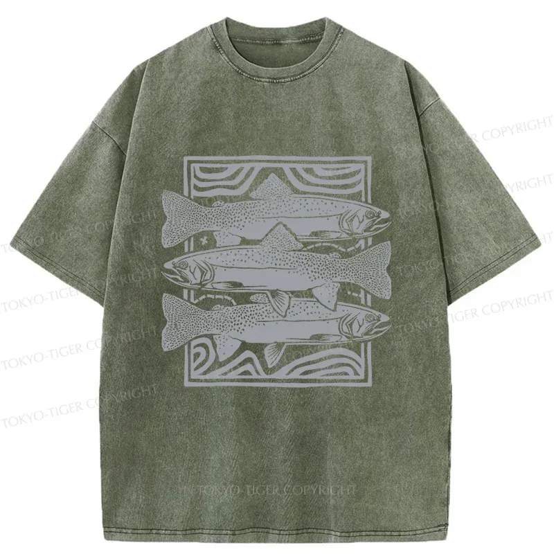 Tokyo-Tiger Big Fish Woodcut Washed T-Shirt