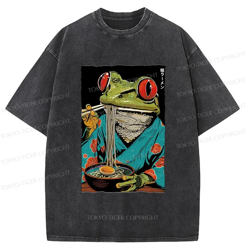 Tokyo-Tiger Frog Monster Eating Ramen Washed T-Shirt