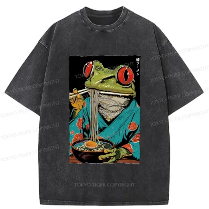 Tokyo-Tiger Frog Monster Eating Ramen Washed T-Shirt