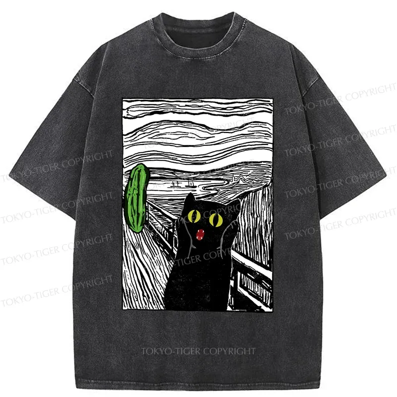 Tokyo-Tiger Cat Afraid Of Cucumbers Washed T-Shirt
