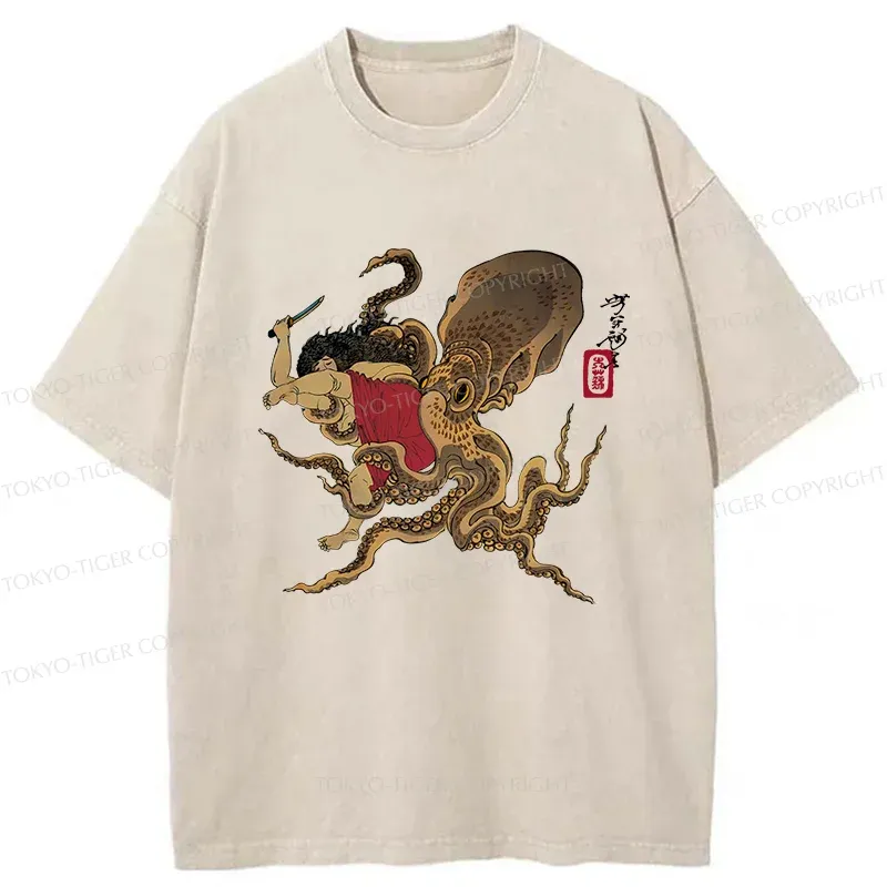 Tokyo-Tiger Man And Octopus Fighting Washed T-Shirt
