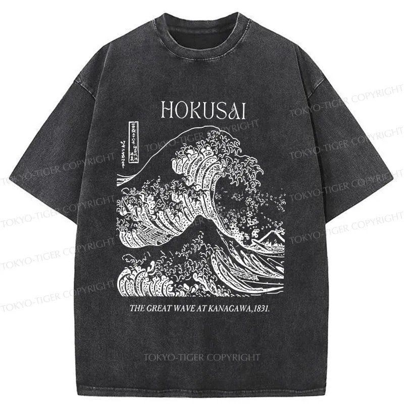 Tokyo-Tiger Retro Ukiyo-e Waves Washed T-Shirt