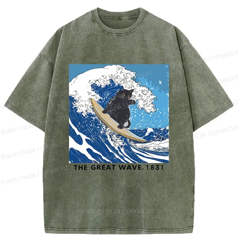 Tokyo-Tiger Cat Surfing Funny Washed T-Shirt