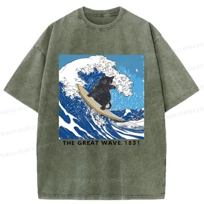 Tokyo-Tiger Cat Surfing Funny Washed T-Shirt