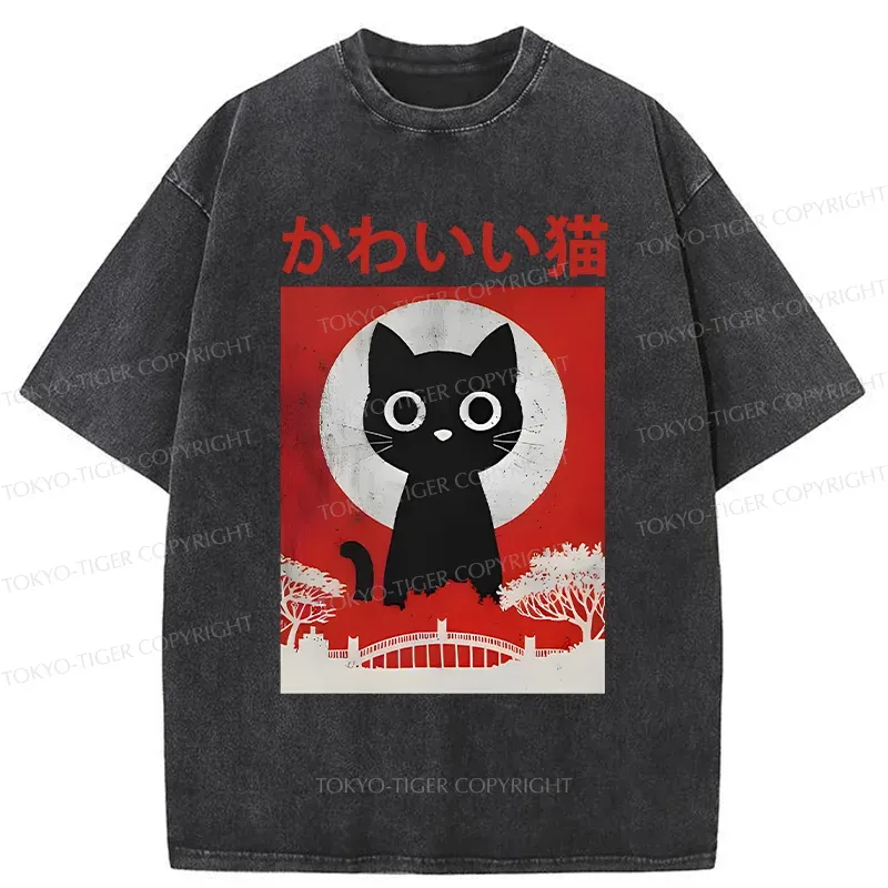Tokyo-Tiger Cute Retro Cat Washed T-Shirt