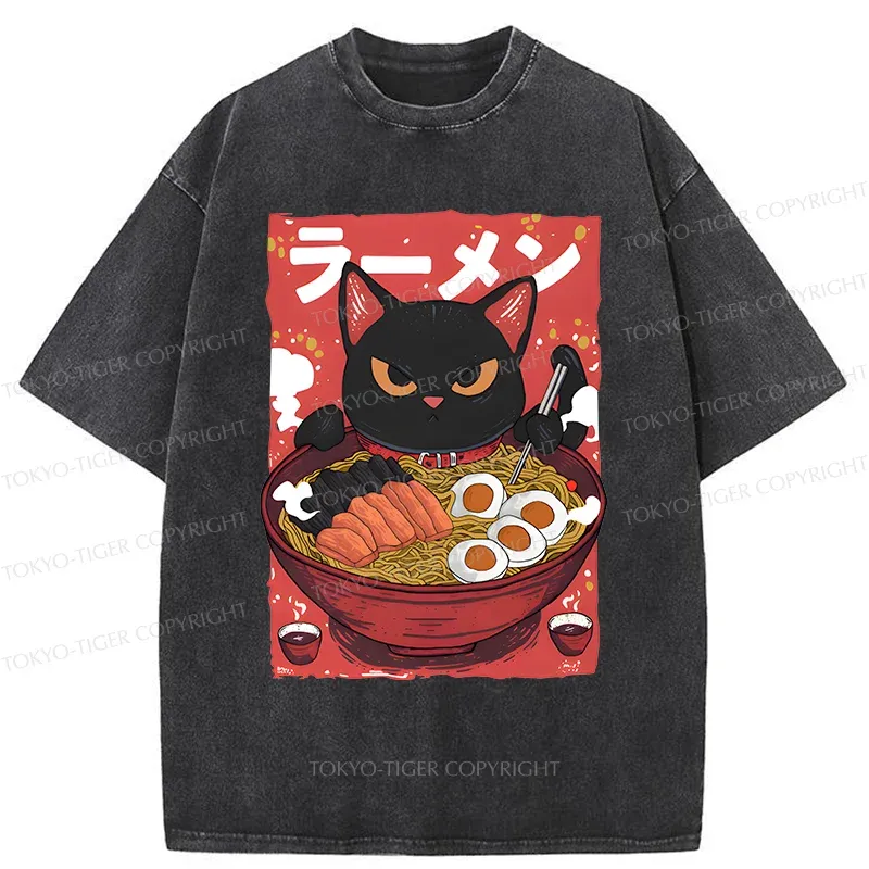 Tokyo-Tiger Black Cat Eating Ramen Washed T-Shirt