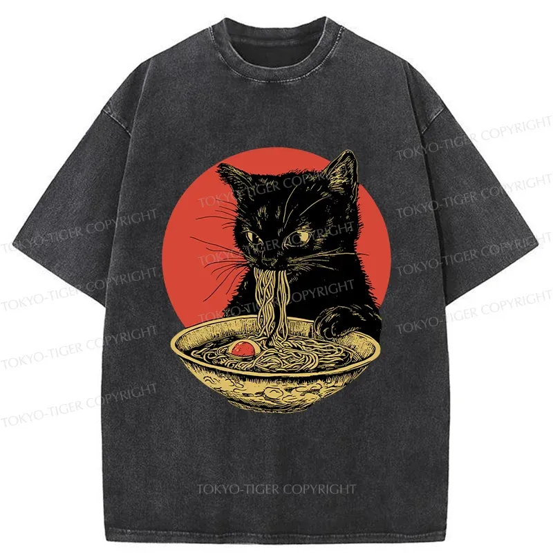 Tokyo-Tiger Retro Black Cat Eating Ramen Washed T-Shirt