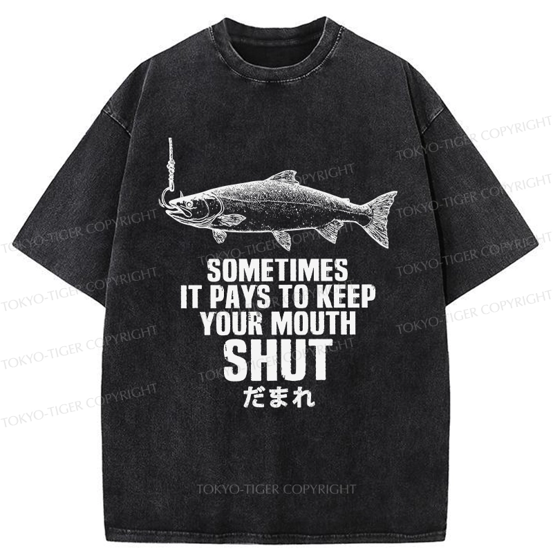 Tokyo-Tiger Funny Fish Shut Up Washed T-Shirt