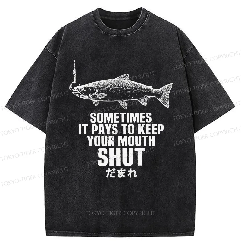 Tokyo-Tiger Funny Fish Shut Up Washed T-Shirt