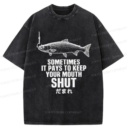 Tokyo-Tiger Funny Fish Shut Up Washed T-Shirt
