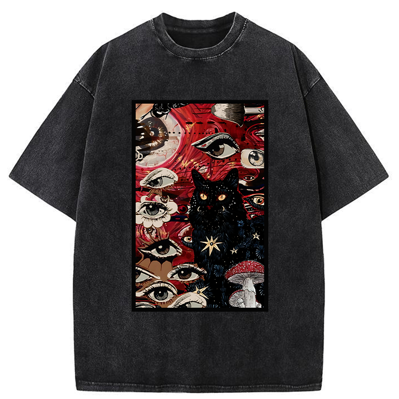 Tokyo-Tiger Psychedelic Black Cat Washed T-Shirt