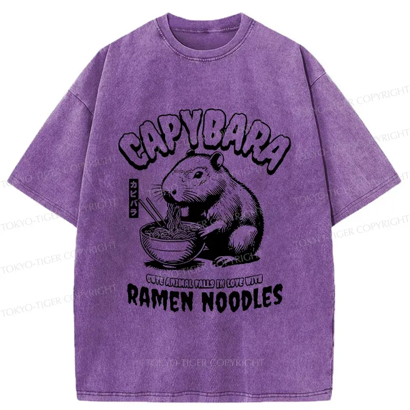Tokyo-Tiger Retro Capybara Eating Ramen Washed T-Shirt