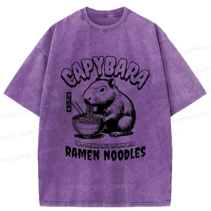 Tokyo-Tiger Retro Capybara Eating Ramen Washed T-Shirt